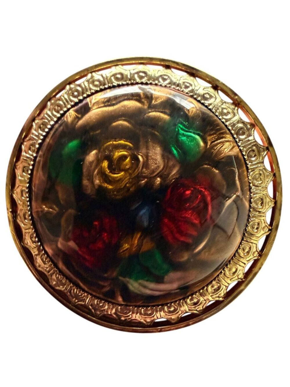 Vintage Reverse Carved Lucite Brooch Gold Tone Floral Pin 1950s New Old Stock